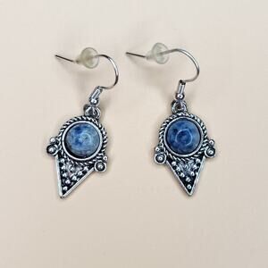 Blue Marble Gemstone Silver Tone Embellished Dangle Earrings